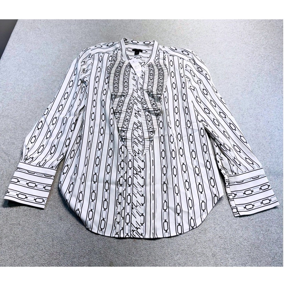 Ann Taylor Blouse Womens S White Black Chain Print Pleated Bib Ruffle Top NWT